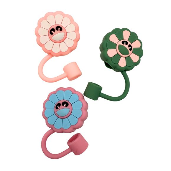 Smiley Flower Silicone Straw Toppers Set of 3 Fits 10mm Straws Cute Girly Floral - Picture 4 of 4